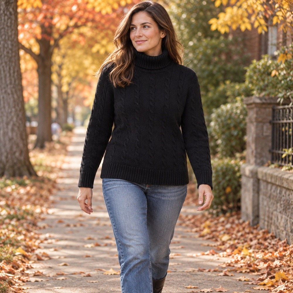 Banana Republic 100% Merino Wool Cable Knit Turtleneck Sweater Women L Black